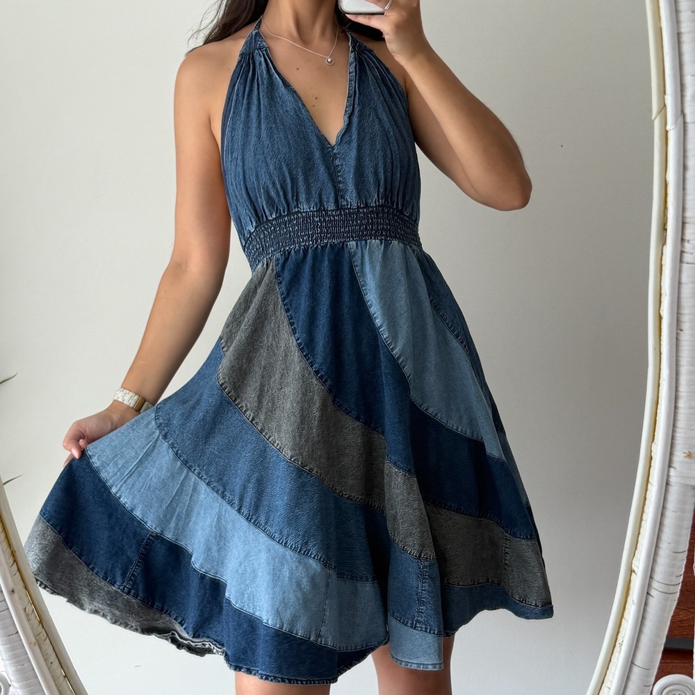 Young Threads Dress Large Denim Patchwork Sleeveless Halter A Line Boho Festival